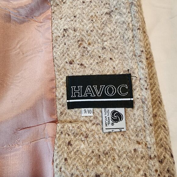 VTG Havoc 9/10 Women's Wool Coat, Made in the USA Beige herringbone, fully lined - Picture 2 of 7